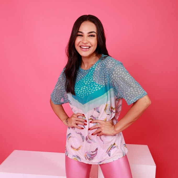 Camisão de Tule Estampado - Araras Aquarela