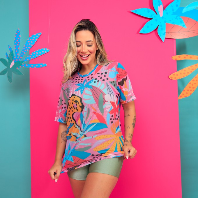 Camisão de Tule Estampado Onça Pop