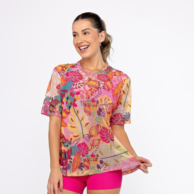 Camisão de Tule Estampado - Floral Pink