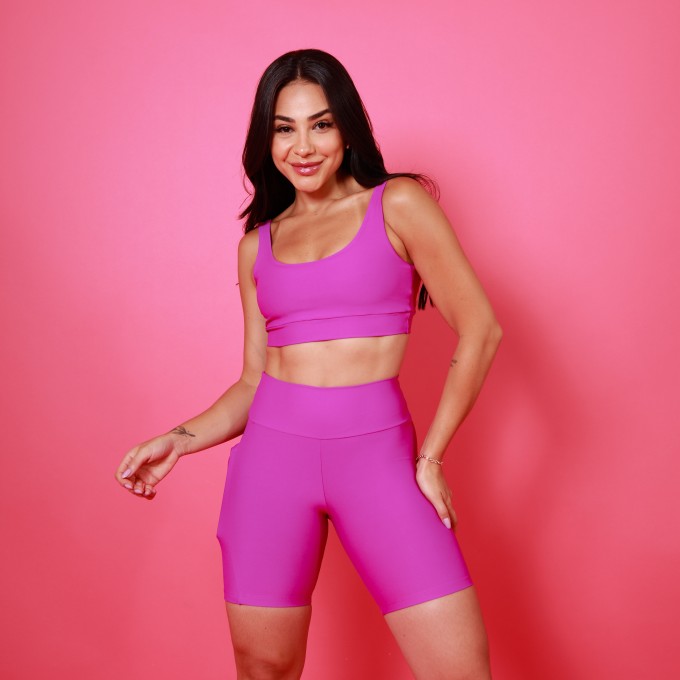 Conjunto Bermuda Bolso Unilateral & Top Camiseta Básico  - Fucsia