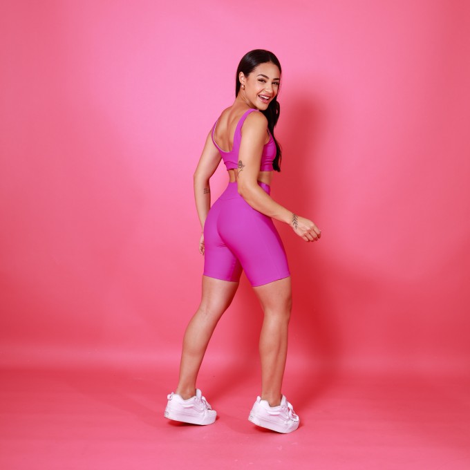 Conjunto Bermuda Bolso Unilateral & Top Camiseta Básico  - Fucsia