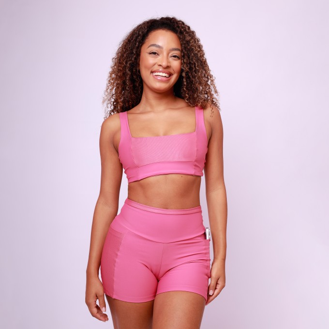 Short Com Bolso Recorte Shine - Rosa Chá