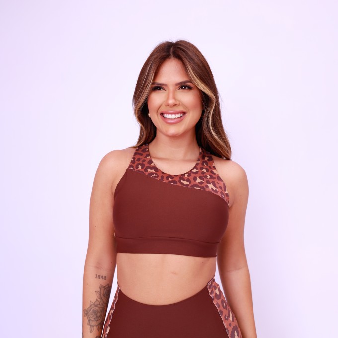 Top Assimétrico Abertura Costas Estampado - Onça Chocolate