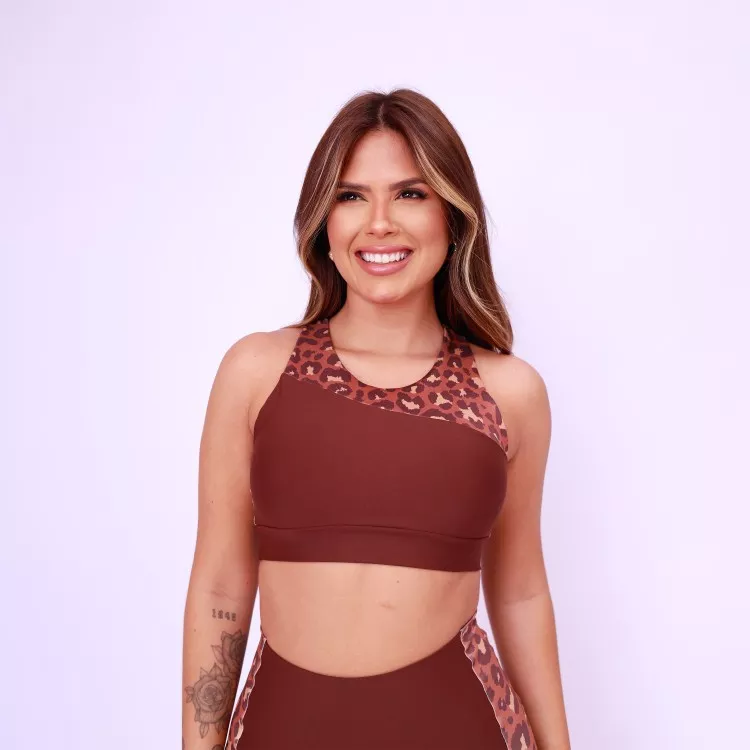 Top Assimétrico Abertura Costas Estampado - Onça Chocolate
