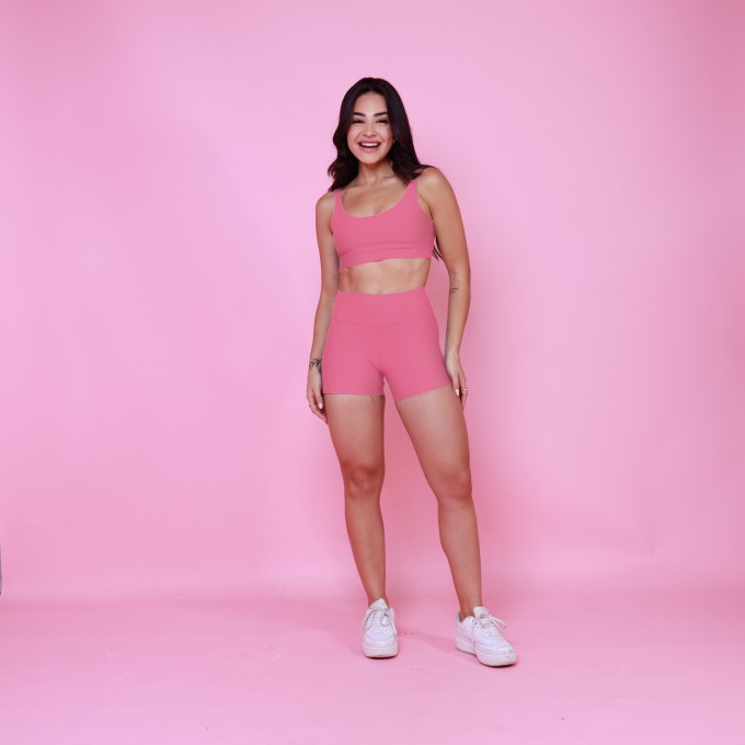 Conjunto Top Camiseta & Short com Bolso Unilateral - Rosa Chá