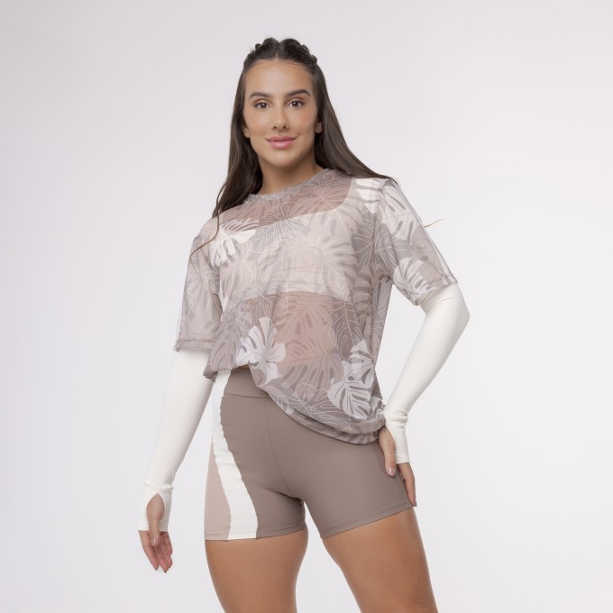 Camisão De Tule Estampado - Costela Nude