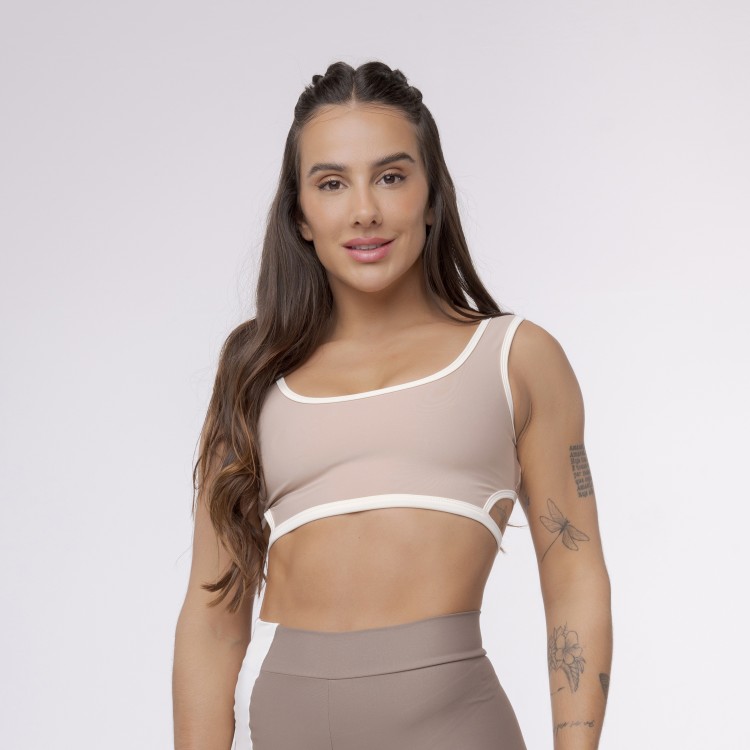 Top Camiseta Bicolor Abertura Costas - Café com Leite & Off White