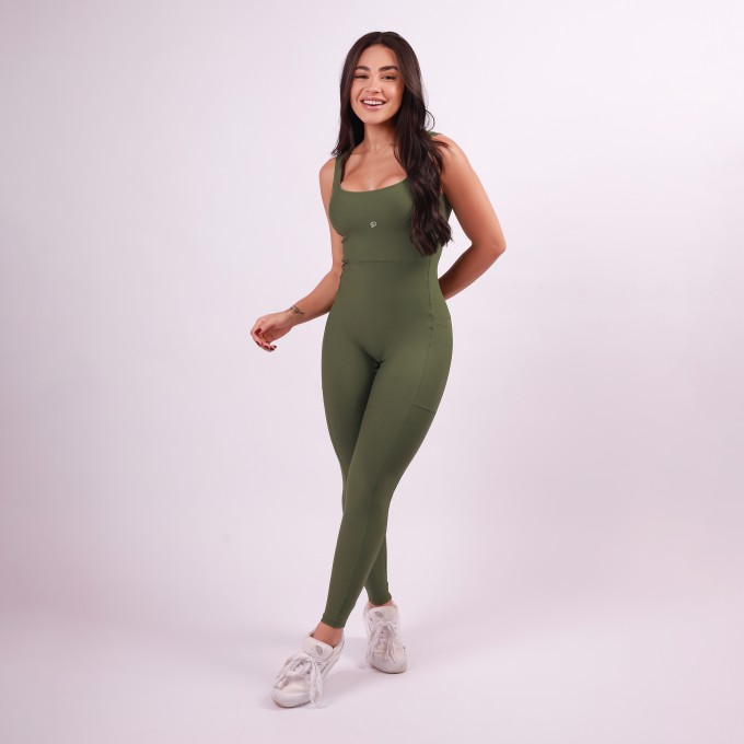 Macacão Decote Quadrado com Bolso - Verde Oliva
