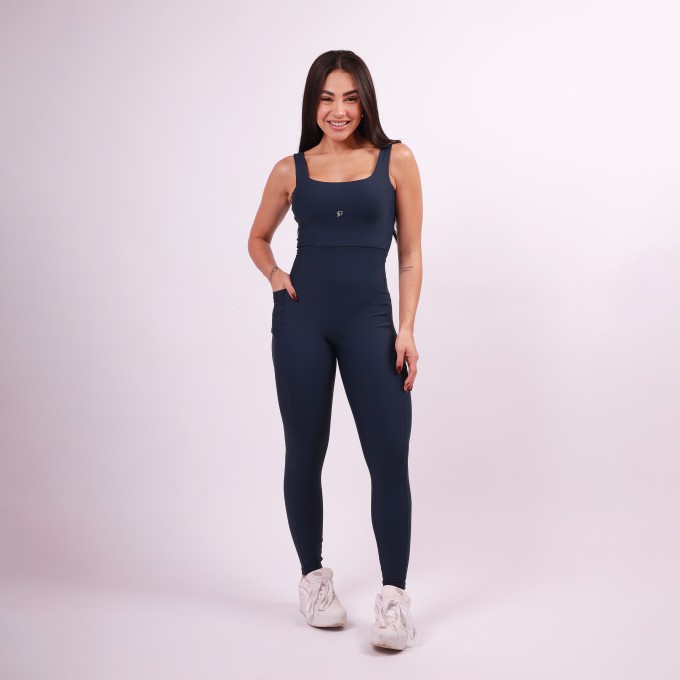 Macacão Decote Quadrado com Bolso - Azul Marinho