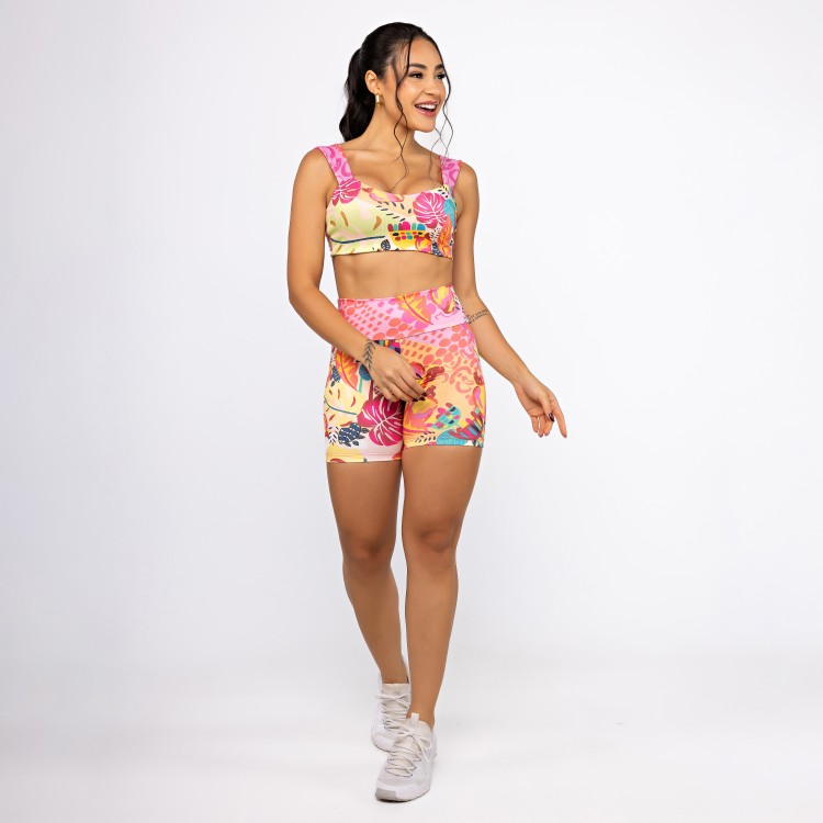 Conjunto Top Vintage Dupla Face & Short Alongado - Floral Pink