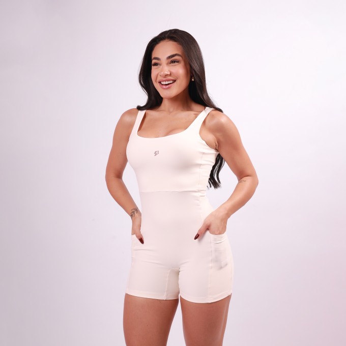 Macaquinho Decote Quadrado com Bolso - Off White