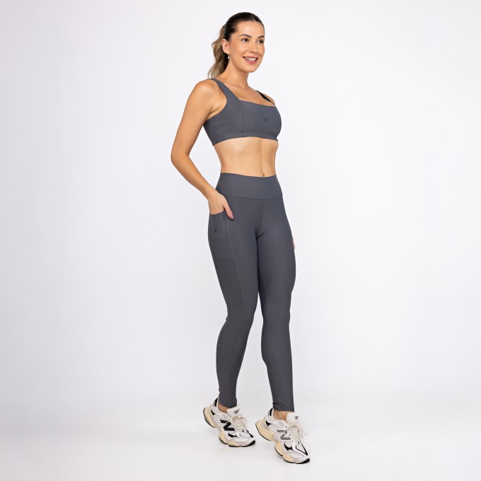 Conjunto Top Decote Quadrado & Legging Bolso Unilateral - Chumbo