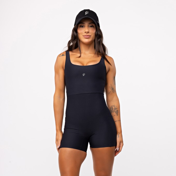 Macaquinho Decote Quadrado com Bolso - Preto