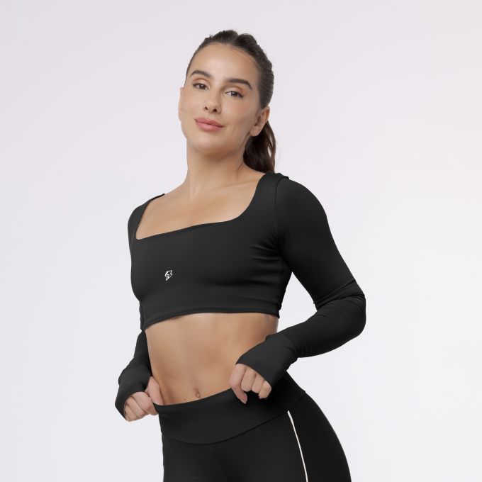 Top Cropped Manga Longa Sleek - Preto