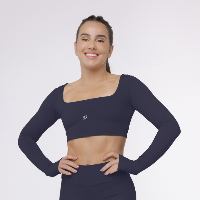 Top Cropped Manga Longa Sleek - Marinho